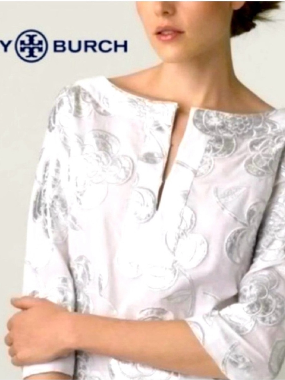 Tory Burch Floral Aplique 3D shiny metallic shirt Tunic Boho cami 4 cotton